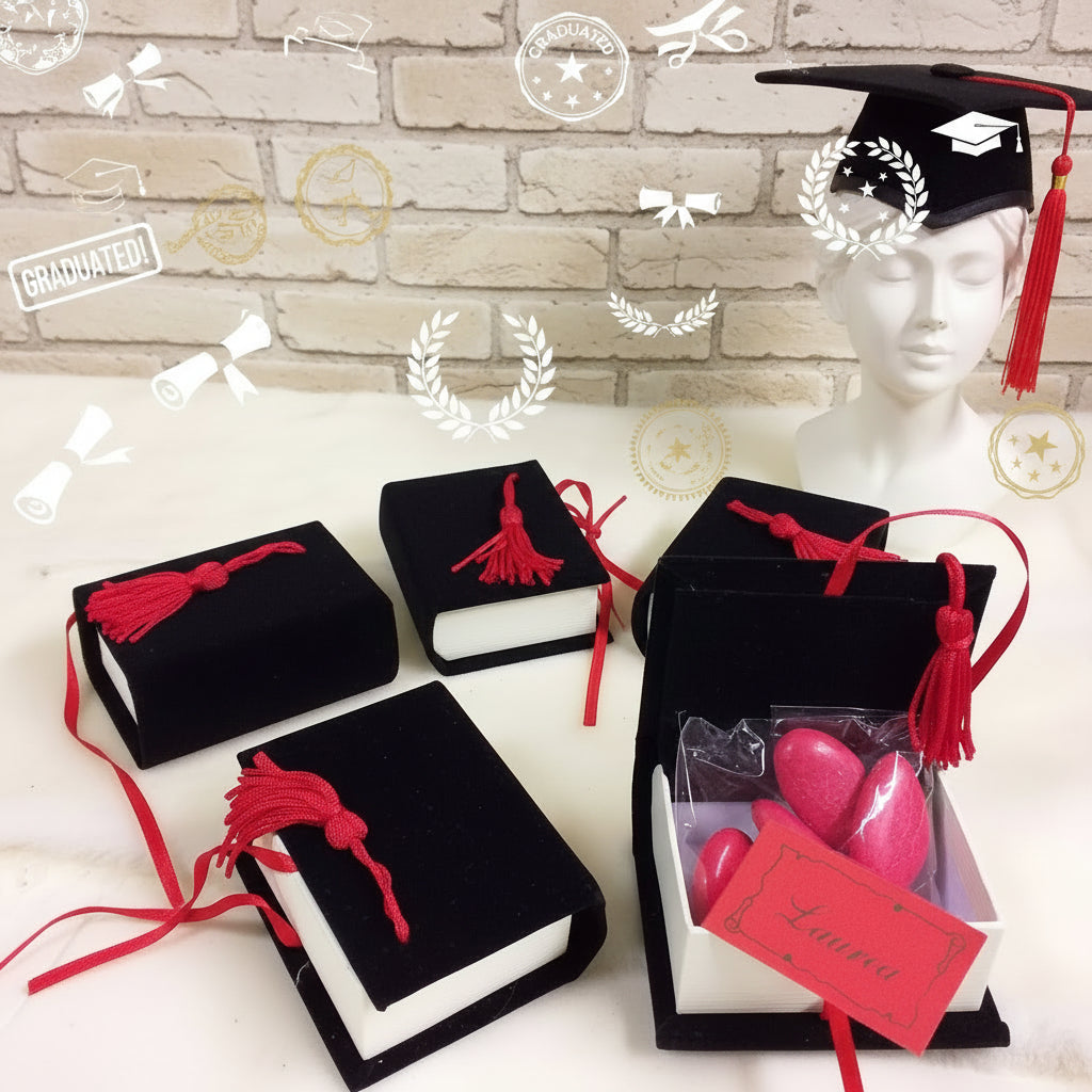 come confezionare colore nero scatolina portaconfetti laurea bomboniere velluto nappina rossa forma libro rivestito per packaging confezionamento confetti bigliettino scritta dorata