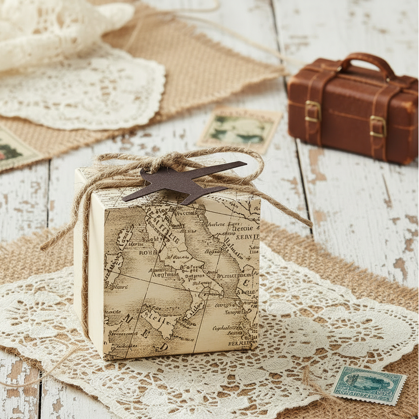 portaconfetti quadrata tema viaggi travel carta geografica del mappamondo italiano aeroplano cartoncino scatolina con corda juta bomboniera fai da te confezionare confetti dolcetti packaging enogastronomia pasticceria