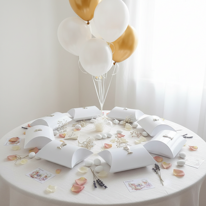 allestimento tavolino e palloncini bianco oro scatoline portaconfetti bianche shabby chic forma bustine con simboli uso bomboniere Comunione Cresima confettata fai da te