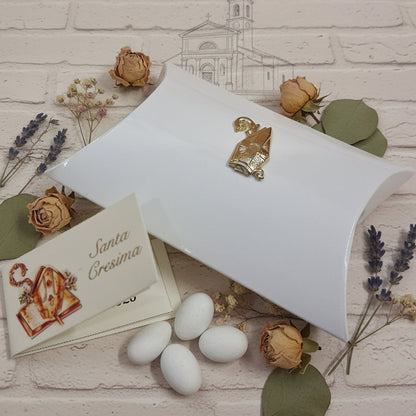 Scatoline portaconfetti bianche shabby chic forma bustine con simboli Mitria oro uso bomboniere Comunione Cresima confettata fai da te