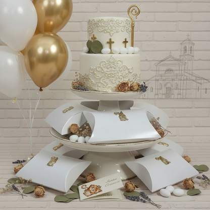 allestimento bianco oro torta scenografica Scatoline portaconfetti bianche shabby chic forma bustine con simboli uso bomboniere Comunione Cresima confettata fai da te