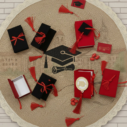 con o senza applicazione tocco cappello, scatoline portaconfetti laurea bomboniere velluto colore rosso nero nappina rossa forma libro rivestito per packaging confezionamento confetti