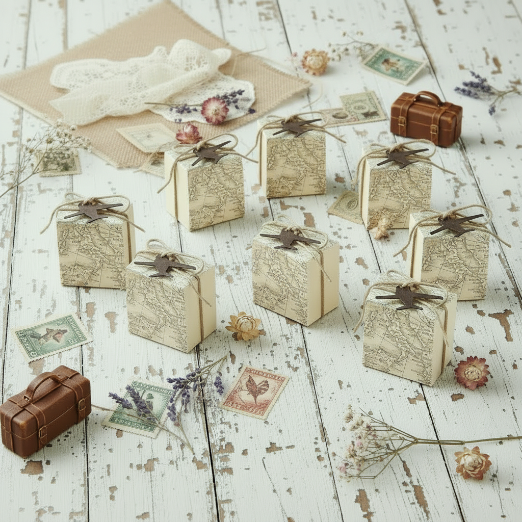 portaconfetti quadrata tema viaggi travel carta geografica del mappamondo italiano aeroplano cartoncino scatolina con corda juta bomboniera fai da te confezionare confetti dolcetti packaging enogastronomia pasticceria lotto con sconto