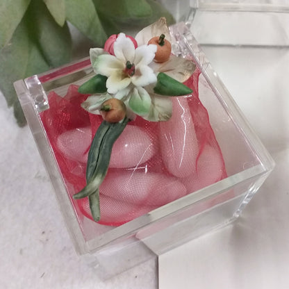 Santa Cresima Prima Comunione cubetto plastica rigida plexiglass trasparente scatoline portaconfetti fiori porcellana bomboniere fai da te o confezionate confetti italiani tulle bigliettini