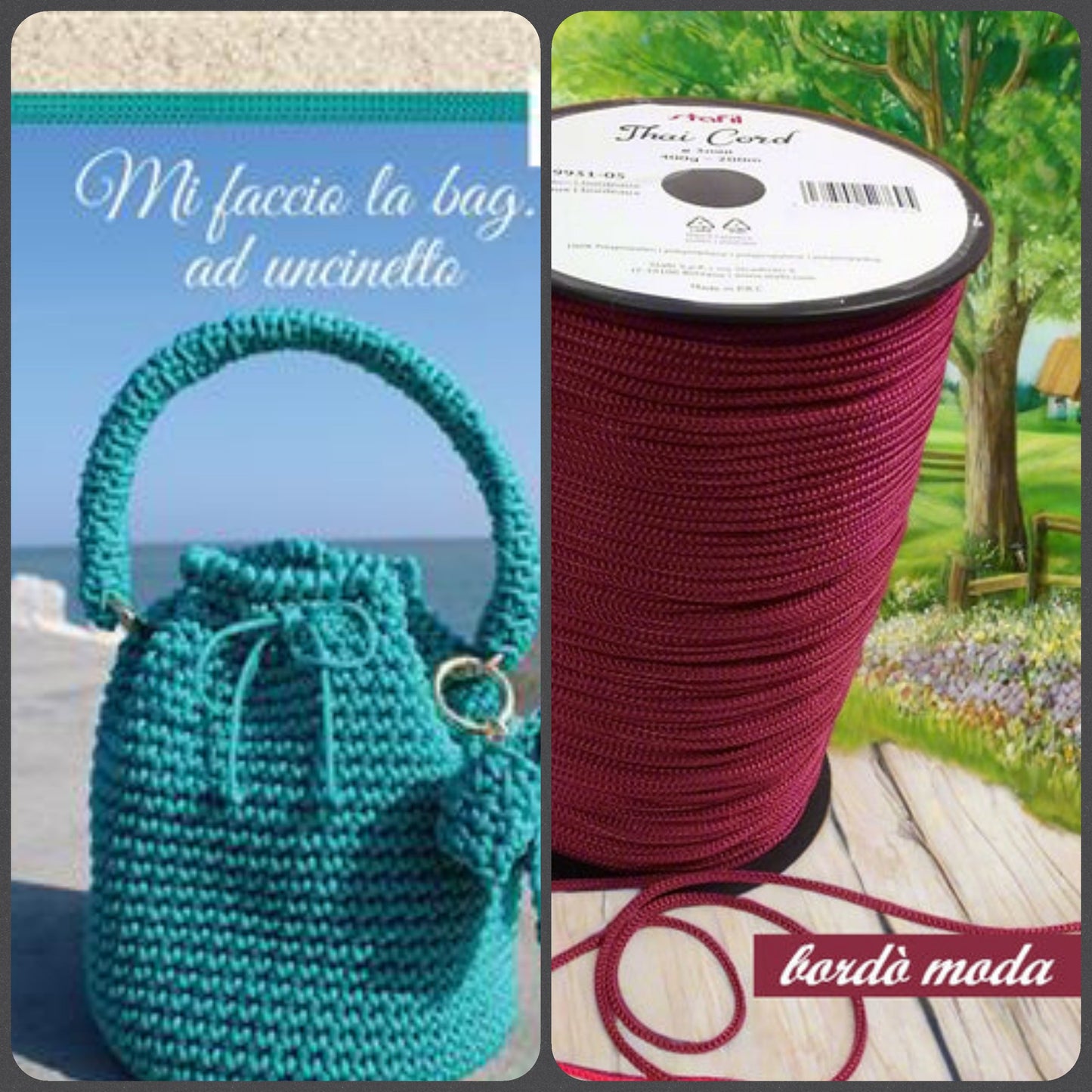 cordoncino bordò moda kit con schemi manuale libretto Stafil Mi faccio la bag ad uncinetto kit cordino thai borse pochette abbigliamento moda mare estivo