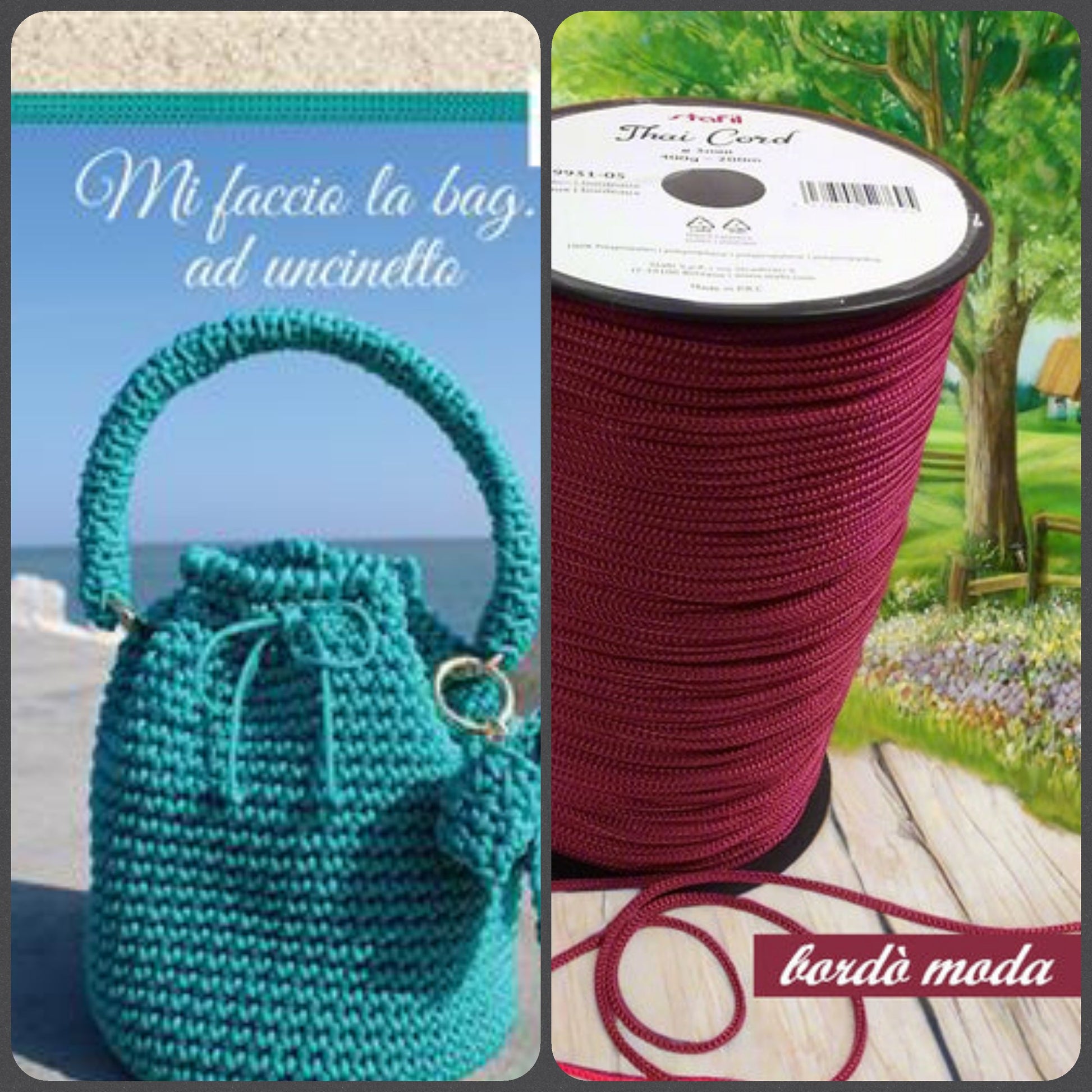 cordoncino bordò moda kit con schemi manuale libretto Stafil Mi faccio la bag ad uncinetto kit cordino thai borse pochette abbigliamento moda mare estivo