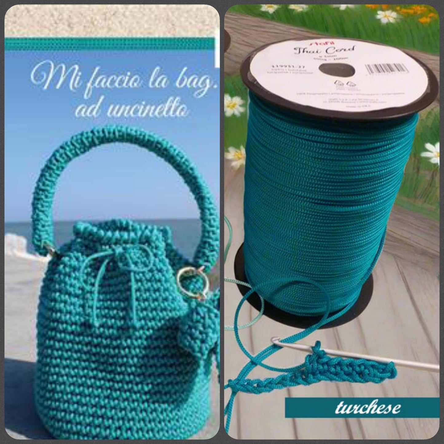 schemi manuale libretto Stafil Mi faccio la bag ad uncinetto kit cordino thai borse pochette abbigliamento moda mare estivo colore turchese