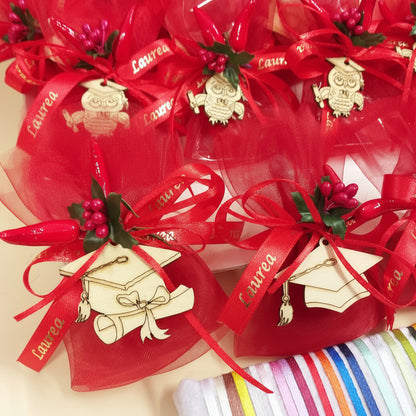 allestimento confezionamento legnetti ciondoli simboli gufo e tocco cappello mazzolino peperoncino bacche segnaposto laurea portafortuna applicazione uso bomboniera mono confetto rosso gadget ricordino