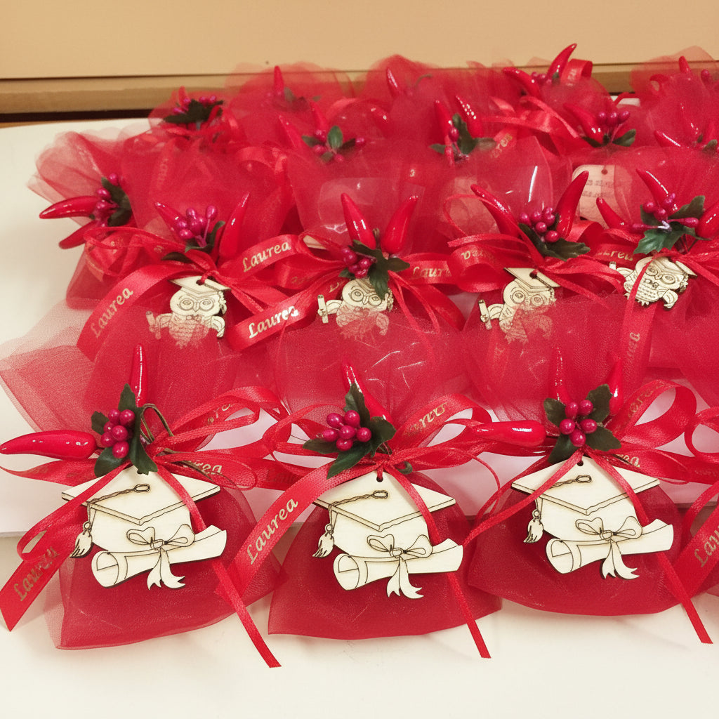 dall'alto vassoio confezionato legnetto ciondolo simboli gufetti mazzolino peperoncino bacche segnaposto laurea portafortuna applicazione uso bomboniera mono confetto rosso gadget ricordino
