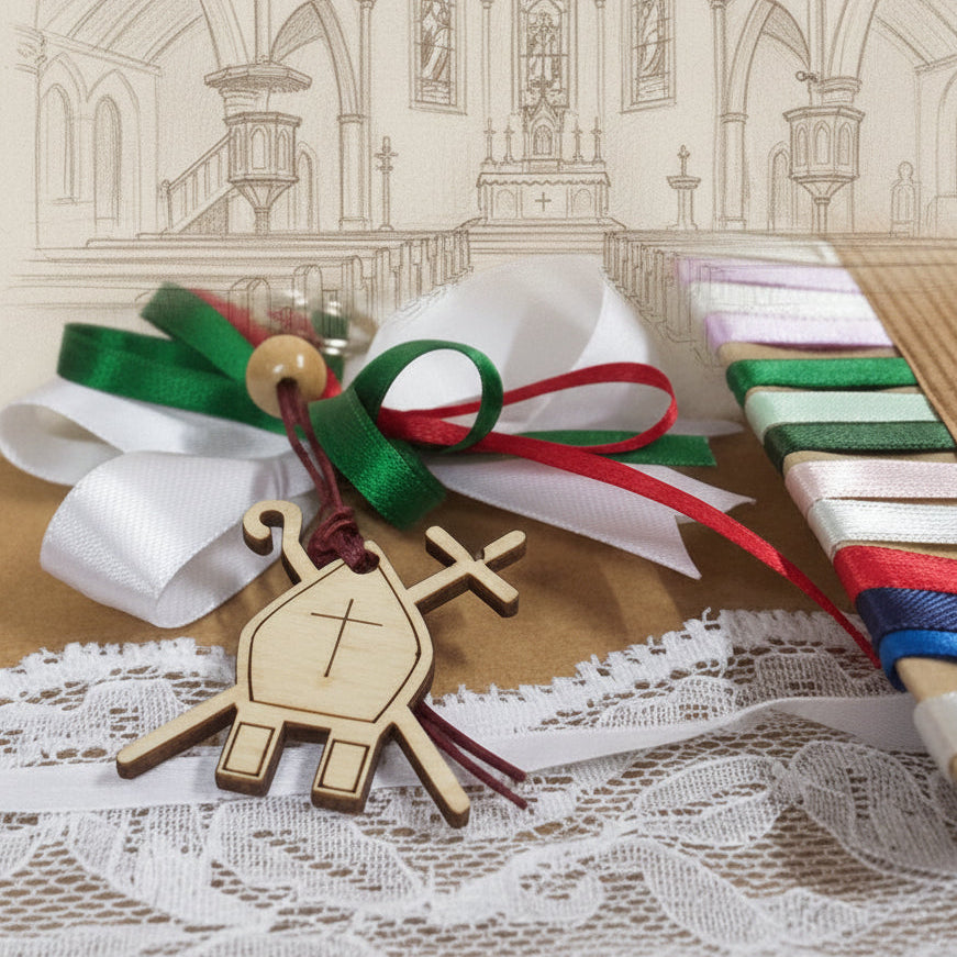 portachiavi Comunione Cresima simboli mitria pastorale vescovile targhetta icona legno ciondolo cordino perline palline coccarda segnaposto  confezionato o kit fai da te nastro colorato