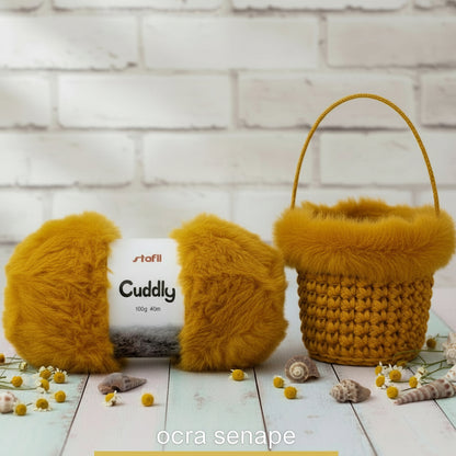 Lana pelliccia Caddly ecologica Stafil ocra senape per lavori ferri uncinetto maglia scaldacollo cappa borsa pochette clutch bag filato fettuccia pelosetto peluche bambole di pezza natale