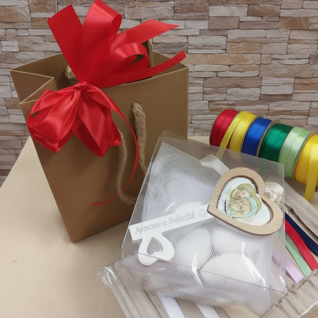 rosso e colori vari vivaci per confezionamento bambino maschietto bimba femminuccia simboli pensiero ricordo chiave icona sacra religiosa frase stampata Amore e Felicità bomboniera comunione cresima confezionata 5 confetti con rappresentazione Sacra Famiglia