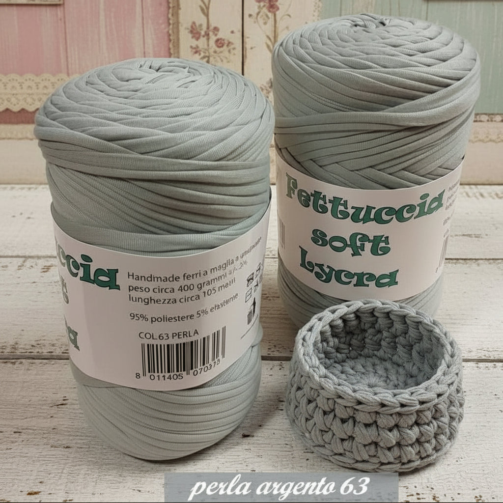 63 perla grigio argento crochet shop lycra soft fettuccia borse uncinetto merceria accessori servizio mas produttore PL4000 poliestere con elastane morbida uso crochet pochette clutch bags abbigliamento moda shopper cestini 