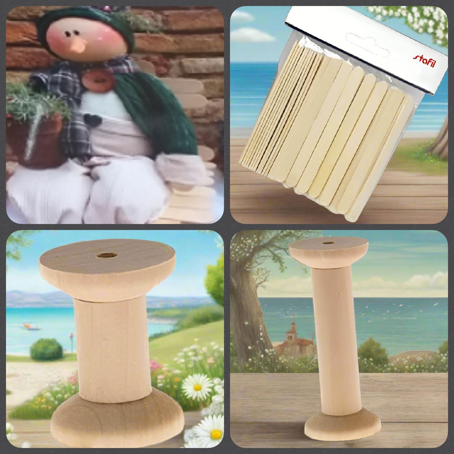 spatole stecchi abbassalingua bastoncini di legno piatti per creare con rocchetti bobine porta-filo progetto di sedia da bambola natalizia Berto