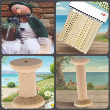 spatole stecchi abbassalingua bastoncini di legno piatti per creare con rocchetti bobine porta-filo progetto di sedia da bambola natalizia Berto