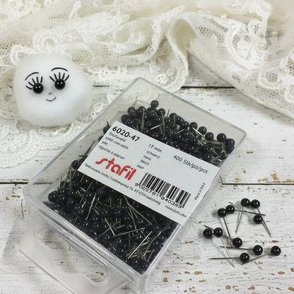 6020-47 Stafil 17 mm 400 pezzi spilli decorativi con perle nere uso hobbistica cucito creativo patchwork creare occhi pupazzi bambole animaletti natalizi di polistirolo