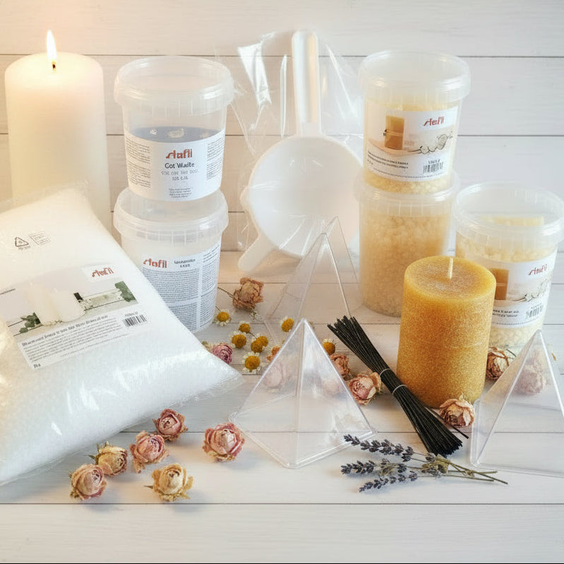 scaglie di cera bianca o d'api da sciogliere a bagnomaria attrezzi accessori cucchiaio scioglicera candele fai da te kit stampi stoppini cerati 