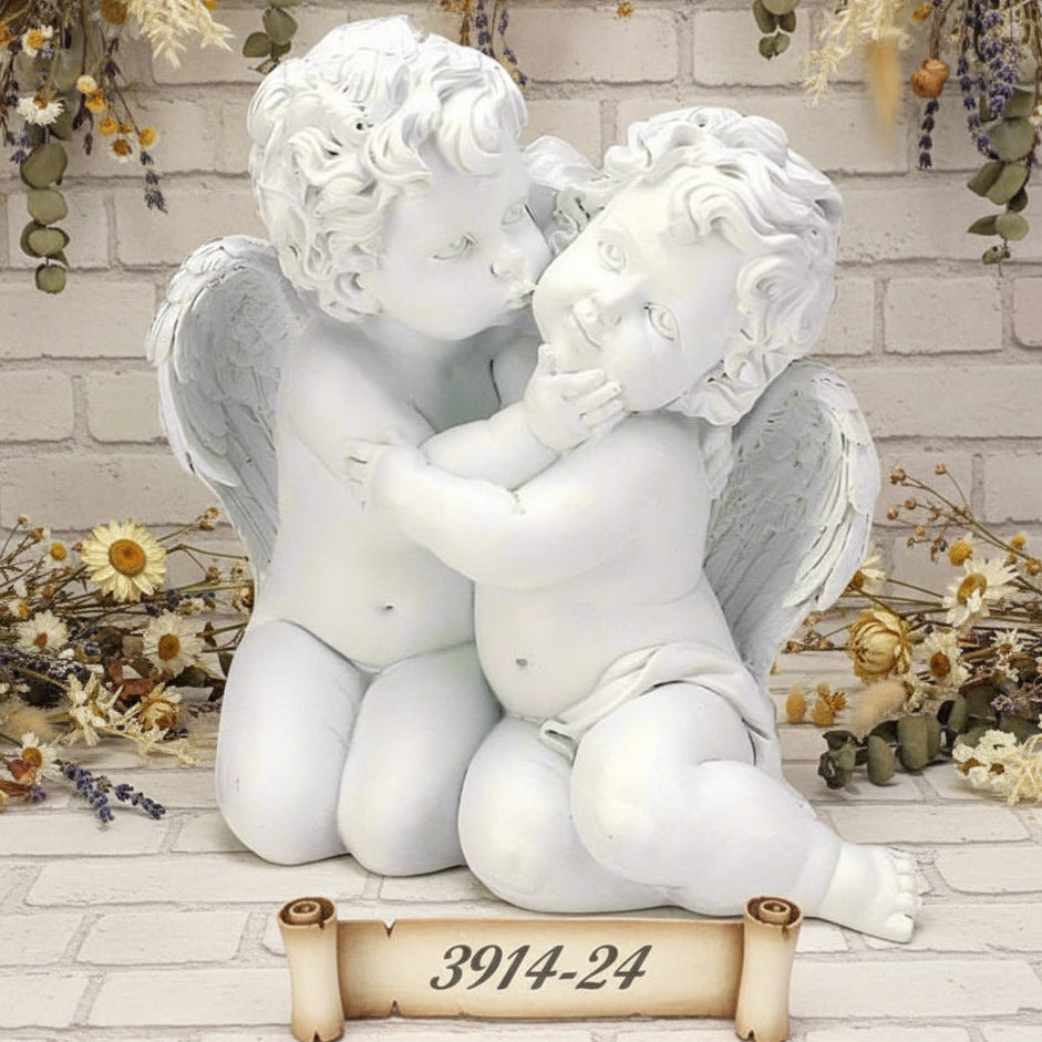 coppia angioletti grande statua angelo bianco idea regalo Natale ad uso decorazioni all'esterno in giardino arte funeraria cimitero lapidi tombe cappelle