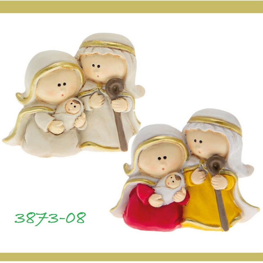 gruppo Natività Giuseppe Maria Gesù Bambino statuine Presepe miniatura ceramica di lavorazioni fatte a mano etnico moderno originale colorate rosso giallo ocra bianco