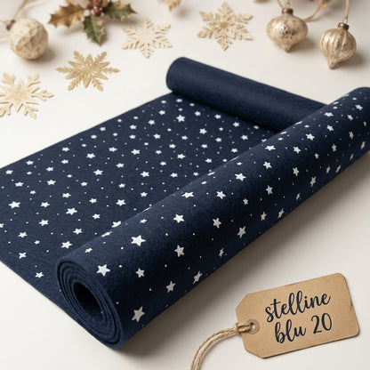 blu e bianco pannolenci feltro morbido fantasia stampato stelle e stelline per Natale decorazioni fuoriporta addobbi albero ghirlanda centrotavola natalizio fondale presepe
