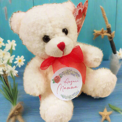 idea regalo orsacchiotto peluche e packaging sticker adesivo tag rotondo etichetta di auguri per la festa della mamma con rosa rossa lavanda ramo