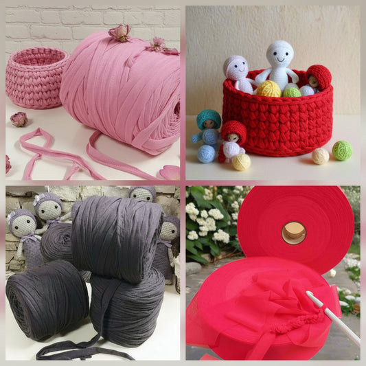 stock fine serie ultimi pezzi fettuccia filato cotone tulle elastico rosa nero grigio rosso lampone uso borse cestini uncinetto