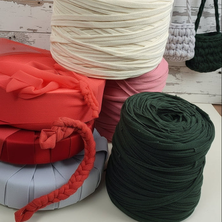 stock fine serie ultimi pezzi fettuccia filato cotone tulle elastico rosa verdone  rosso lampone uso borse cestini uncinetto