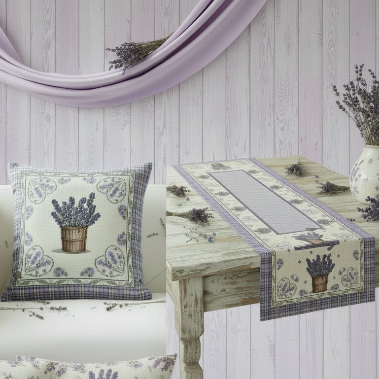 tessuto lavanda azzurro lilla scozzese stoffa tinta unita tela disegnata stampata idea regalo cucina cuscino federa e runner per il tavolo