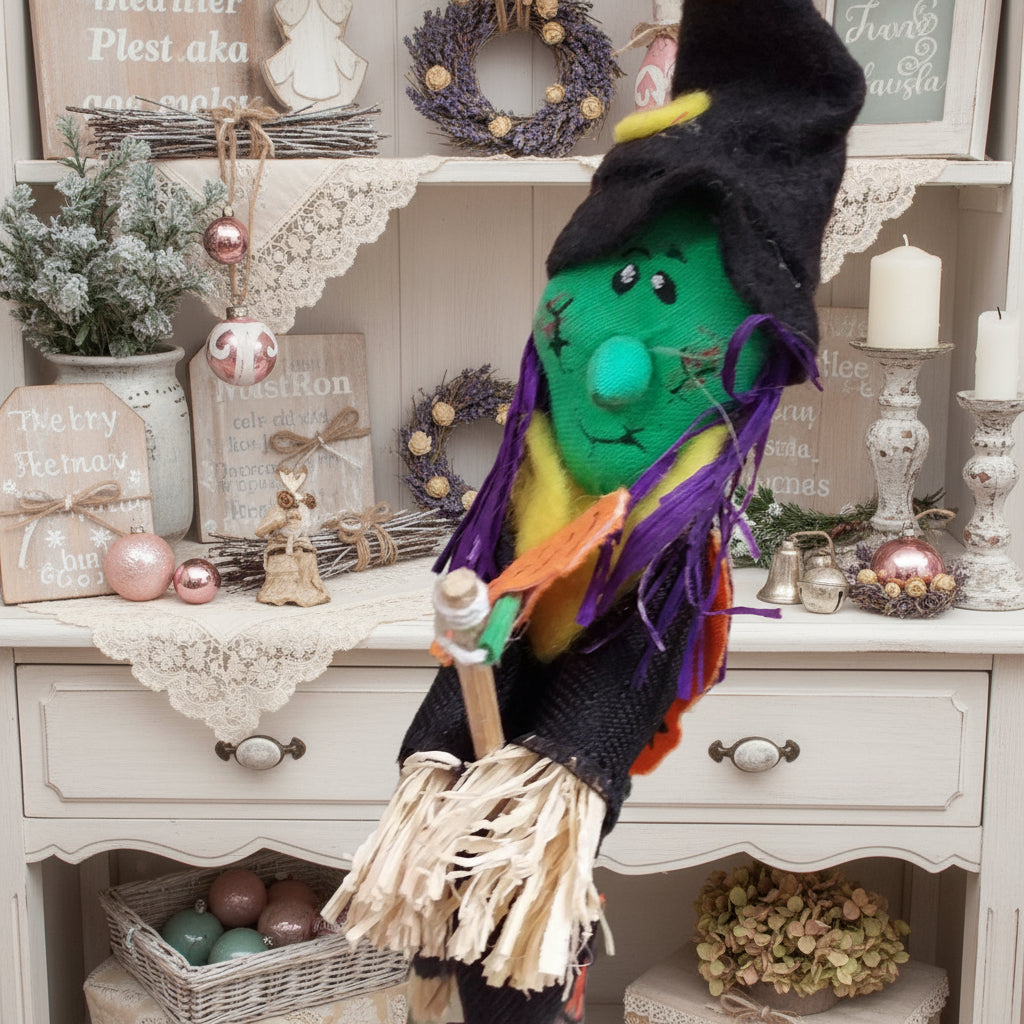 primo piano streghetta befanina Halloween nero-verde con ramazza scopina portafortuna bambola di pezza pannolenci feltro per decorazioni casa negozio Befana Epifania