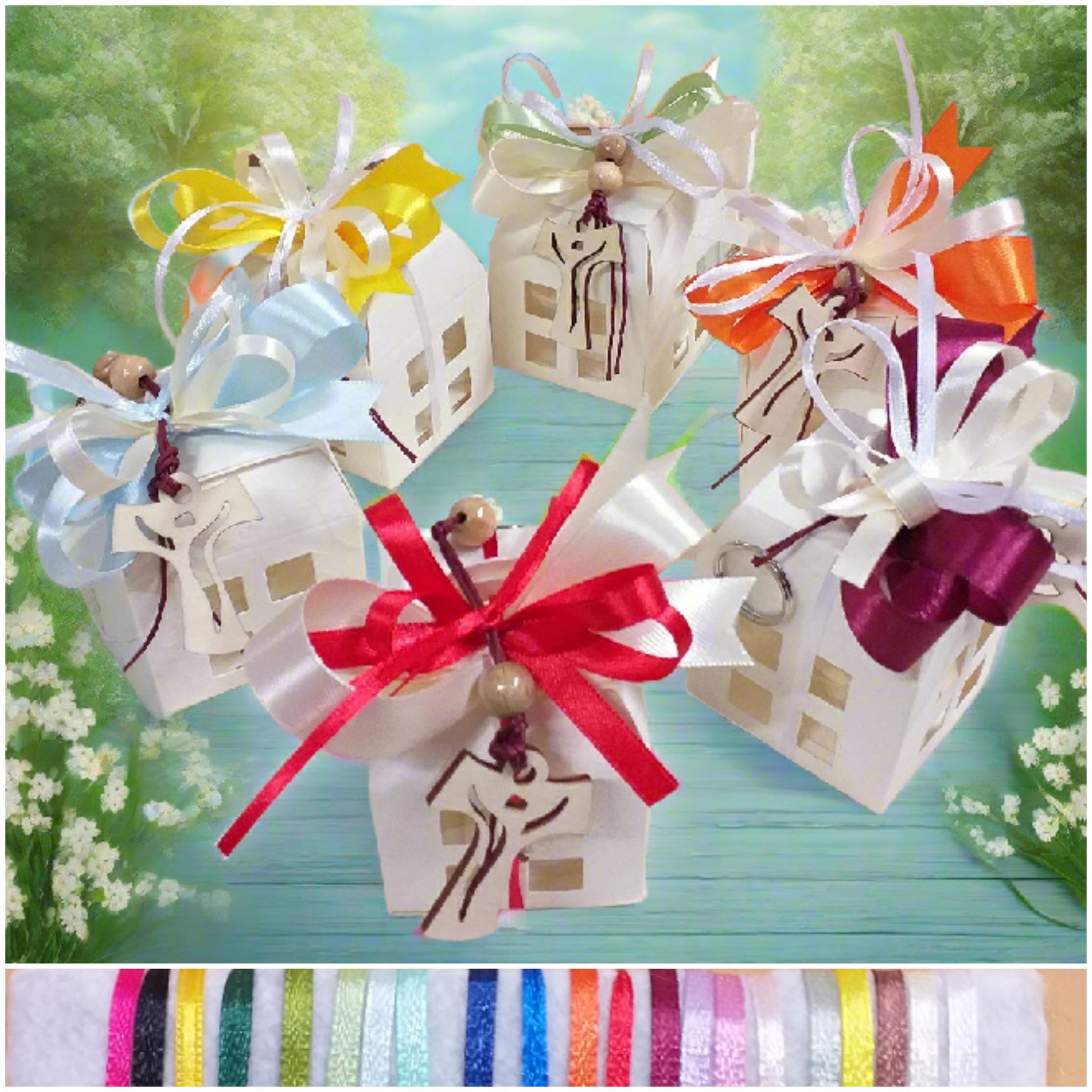 misto colori verde arancio giallo bambina azzurro maschietto rosso bordò bomboniera artigianale religiosa sacra Comunione Cresima portachiavi Croce legno Tau francescana cordino perline confezionata confetti lanterna cartoncino scatolina bigliettino personalizzato Santo Giorno con simboli 