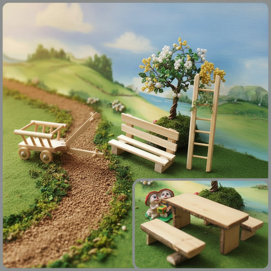 sedia tavolo ferro ambientazioni arredi legno naturale Presepe accessori miniature mini giardino panchina scala carro per micro paesaggio diy decorazioni idea vetrinistica bonsai albero pianta di perline e filo di ferro