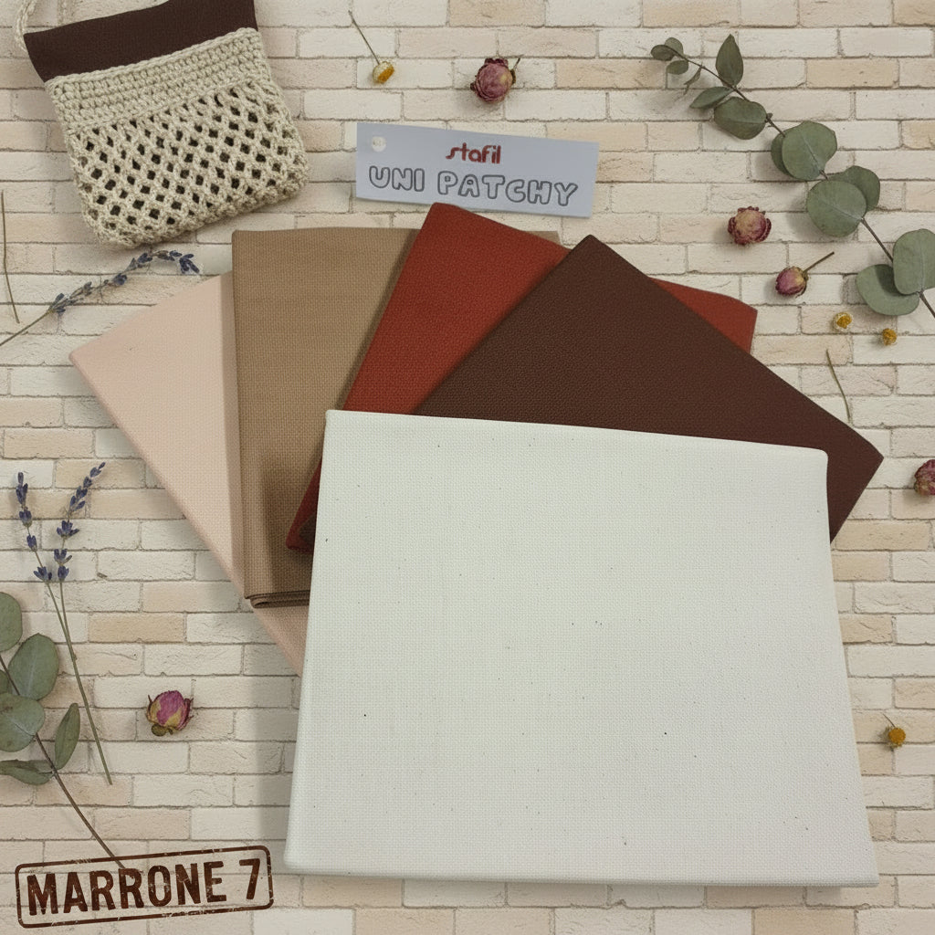 marrone 7 uni patchy stafil 44x55 cm stock assortimento tinta unita toni coloniali tinte neutre nocciola beige panna di stoffe cotonine tessuti scampoli uso cucito creativo bambole di pezza fiocchi nascita hobbistica vetrinistica