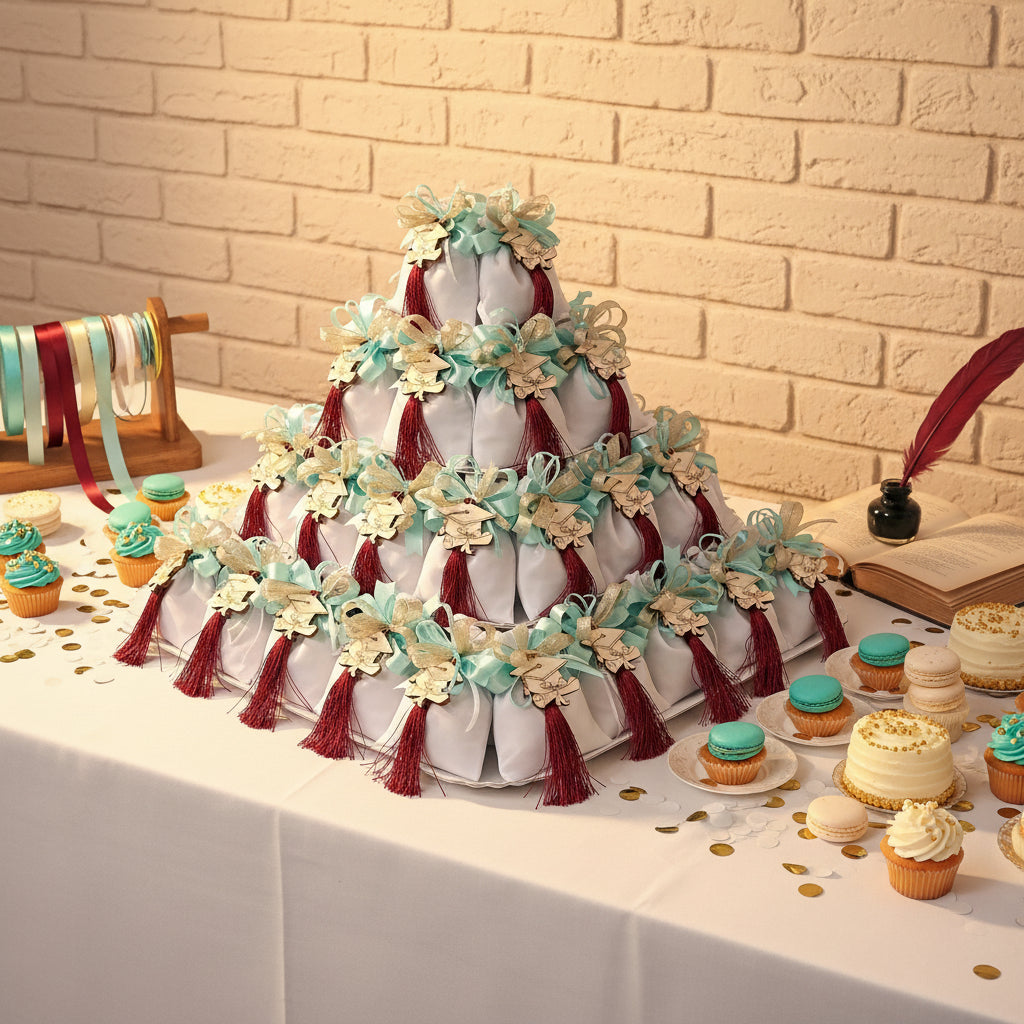 sacchetti con tocco cappello laurea legno confezionati nappina bordeaux coccarda verde-tiffani e nastrino oro bigliettino e confetti, allestimento festa campionario e dolci