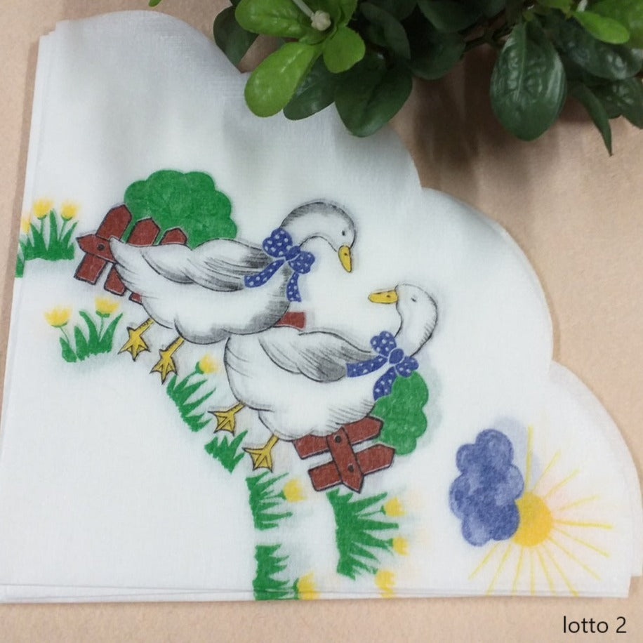 papere pasquali in campagna staccionata fiori gialli sole nuvole decoupage tovaglioli carta di riso in offerta