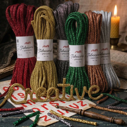 frase scritta creative colore oro tricotin corda tubolare cordoncino da riempire di filo modellabile filato brillantini glitter scritta cordino lurex glitterissimo lamè stafil tubecord pronto per nomi ghirlande fuoriporta packaging pacchi confezioni regalo Natale