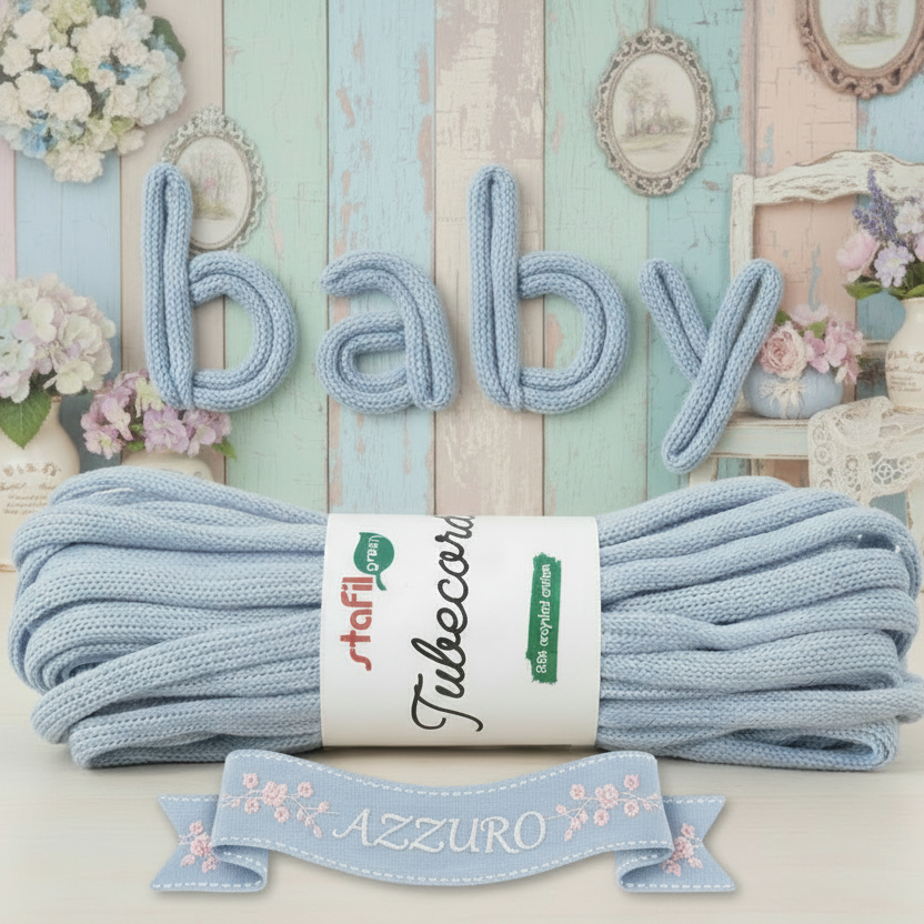 azzurro cordoncino tubolare corda da riempire di filo modellabile tubecord stafil green tricotin pronto per creare scritte nomi decorazioni fiori farfalle fuoriporta coccarda fiocco nascita bimbo baby
