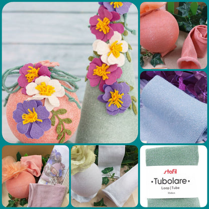 idee composizioni fiori pannolenci violette primule con basi polistirolo rivestite pesca corallo verde menta tubolari di maglina glitter brillantini con filato lurex luminoso brillante uso natale decorazioni albero acconciature bambole cucito creativo