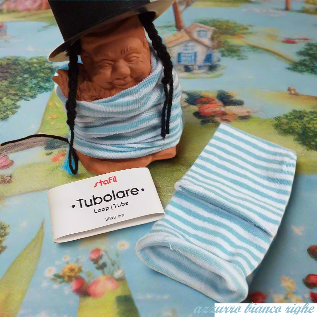 azzurro celeste bianco fantasia righe tubolari per bambole di maglina tessuto elasticizzato uso fai da te pupazzi bamboline pigottine cucito creativo hobbistica fiocco nascita bebè maschietto