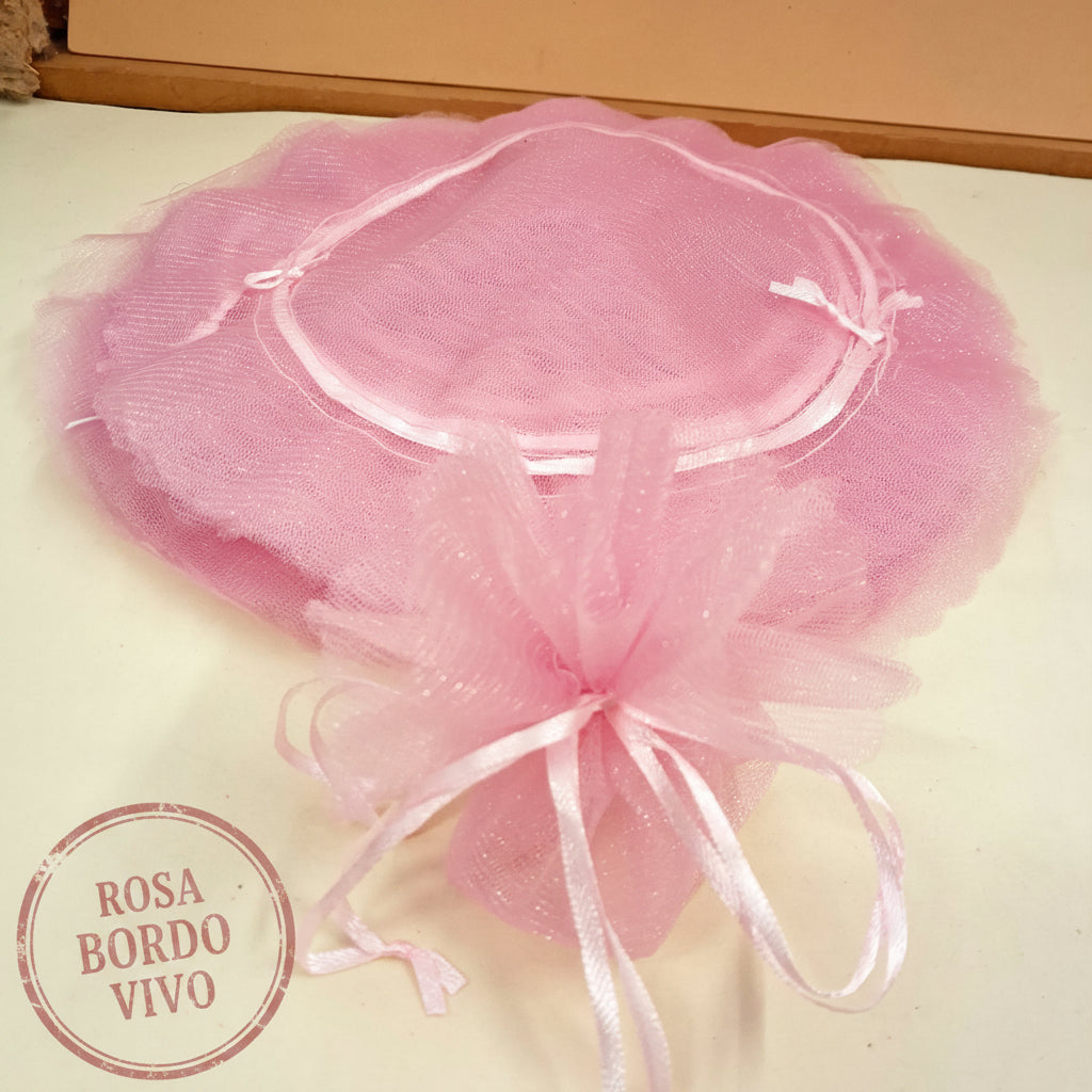 Colore rosa bordo vivo tulle a petalo velo portaconfetti con nastrino tirante facile fai da te bomboniere sacchetto nascita battesimo comunione cresima