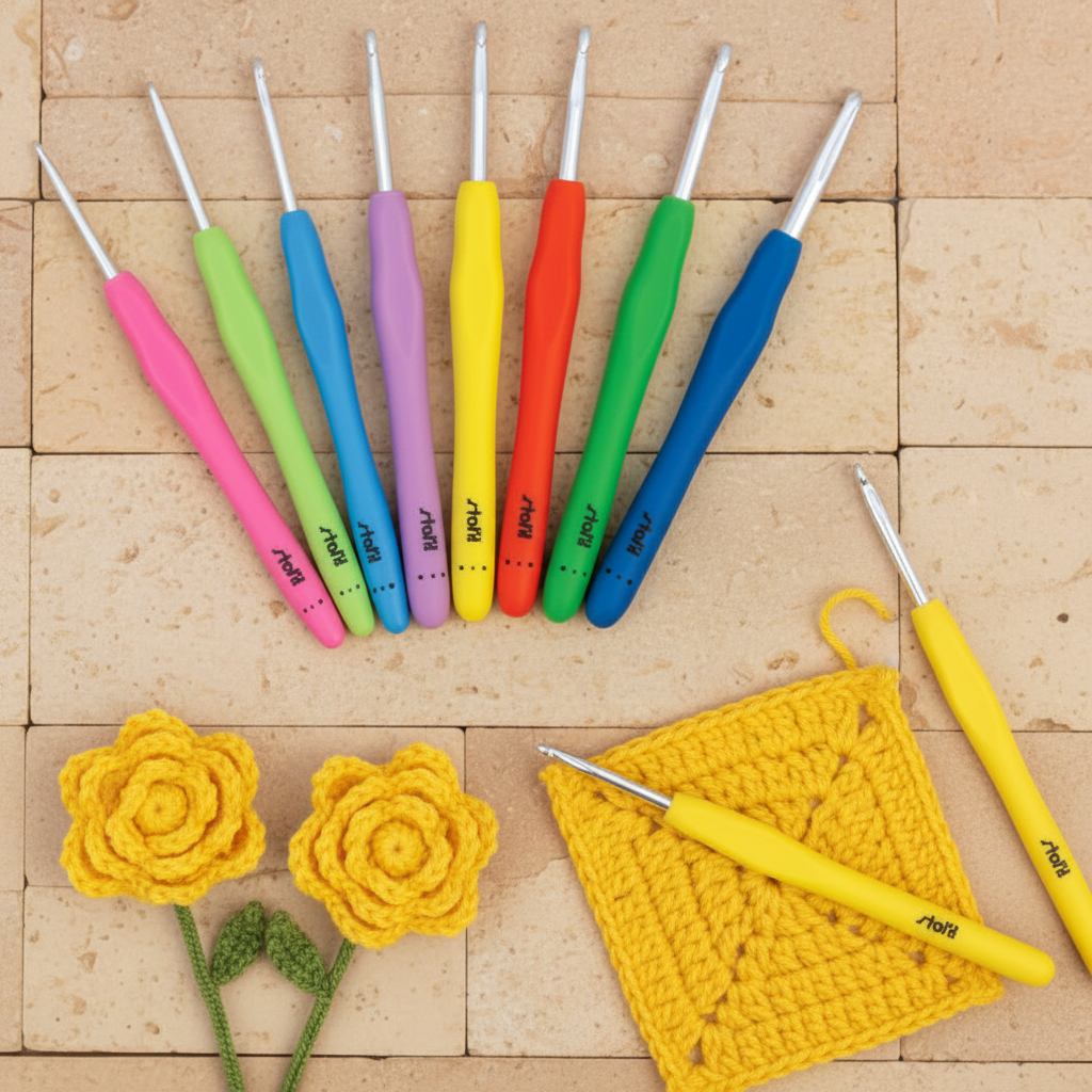 kit aghi di uncinetto modello ergonomico Stafil crochet hook set misure da 2 a 8 per lana cotone fettuccia amigurumi manico gomma impugnatura facile per facile veloce creazione fiori mattonella granny