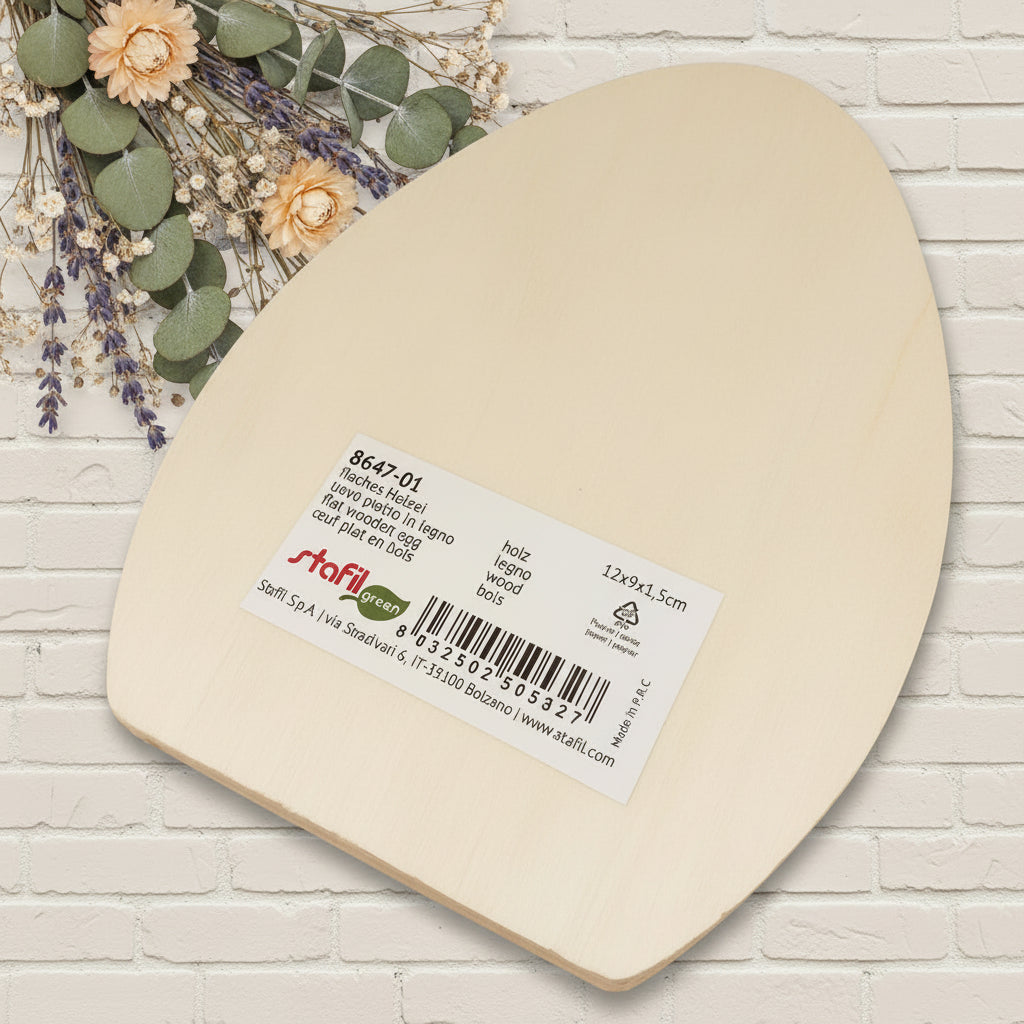 8647-01 flaches Holzei uovo piatto legno flat wooden egg oeuf plat en bois 12 x 9 x 1.5 cm stafil green ovetto sagoma base supporti sostegni per centrotavola fuoriporta da decorare decoupage pannolenci colorare dipingere per addobbi decorazioni pasquali fai da te