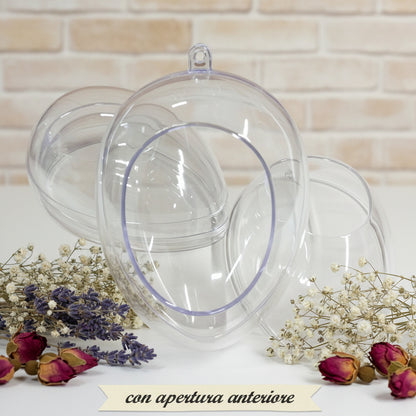 uova plastica plexiglass apribile divisibile trasparente grande con apertura anteriore ovetto per decoupage pasquale da riempire decorare appendere appoggiare ad uso hobbistica vetrinistica packaging pasticceria gastronomia panetteria confezionamento cioccolato