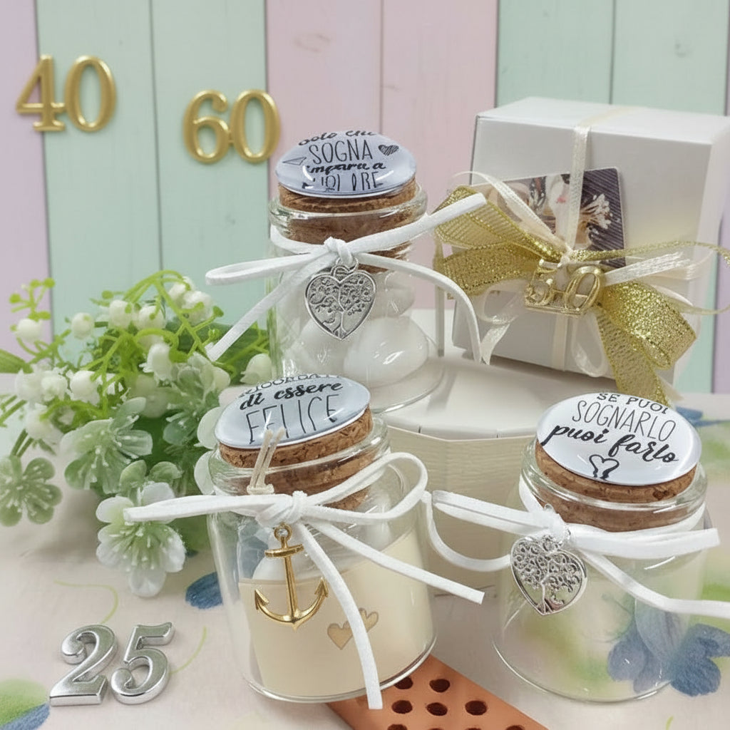 solo chi sogna impara a volare se puoi sognarlo puoi farlo ricordati di essere felice frasi scritte su tappo bianco ceramica barattolo anniversario matrimonio cinquantesimo nozze d'oro Italian bomboniera portaconfetti confezionato 5 confetti nastrino 50 anni applicazione simboli bigliettino personalizzato su vasetto vetro scatola bianca ciondolo àncora
