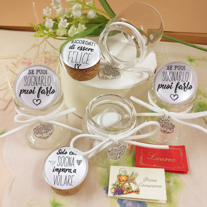 portaconfetti particolare vasetto aperto sughero con scritte frasi barattolino tappo bianco e vetro confezionato come bomboniera Comunione Cresima bigliettino spago e confetti tag laurea