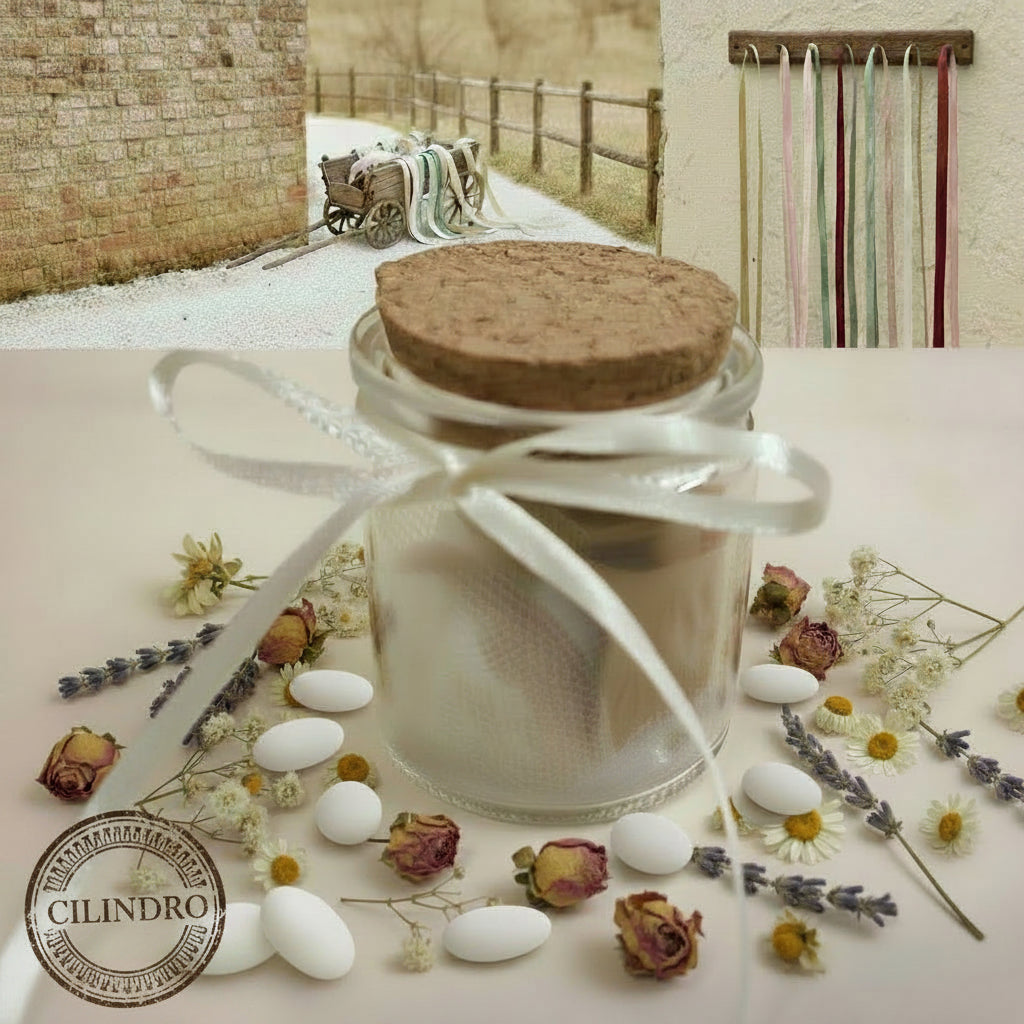 vasetto barattolino vetro tappo sughero confezionato confetti nastrino bigliettini compleanno laurea cresima comunione battesimo matrimonio