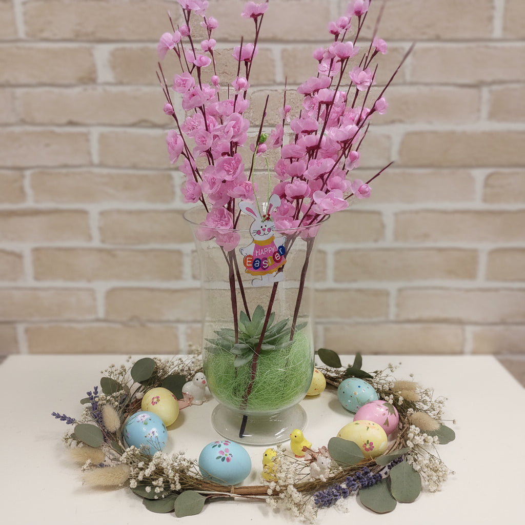 vetrina fiori di pesco finti artificiali rosa chiaro composizione vaso vetro piantina grassa sisal riempitivo verde idea fai da te addobbi decorazioni vetrine negozio primavera pasquale