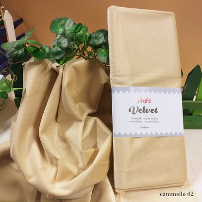 samtstoff tissu de velours beige cammello Natale tessuto Stafil velluto velvet uso cucito creativo pupazzi Babbo Natale palline albero fiocchi natalizi decorazioni addobbi packaging vetrinistica