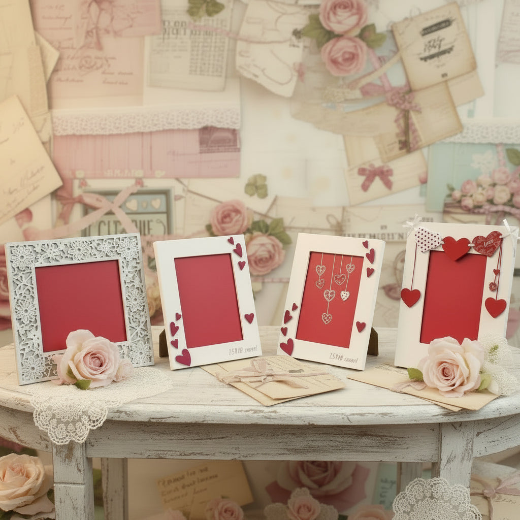 idee regalo san valentino allestimento shabby vintage fiori di stoffa e cornici di san valentino con cuoricini bianche e rosse bomboniere matrimonio comunione