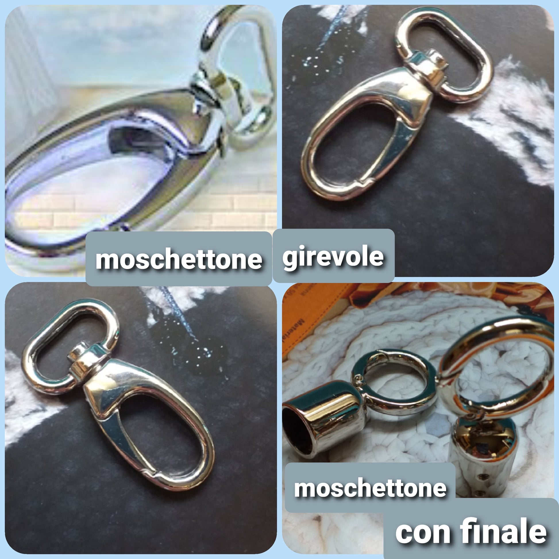 moschettoni per borse girevoli chiusure ganci con attacco finale bocciolo accessori lavorazioni fatte a mano e fai da te uncinetto