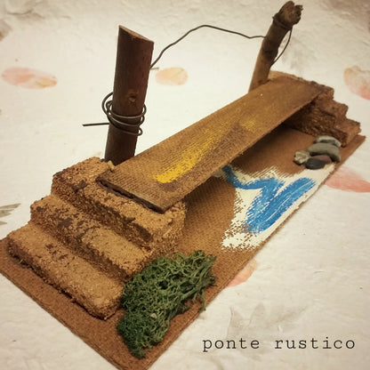 ponte rustico con fiume muschio su base composizione legno uso ambientazione Presepe miniature giardino arredi bonsai alberi piantine perline